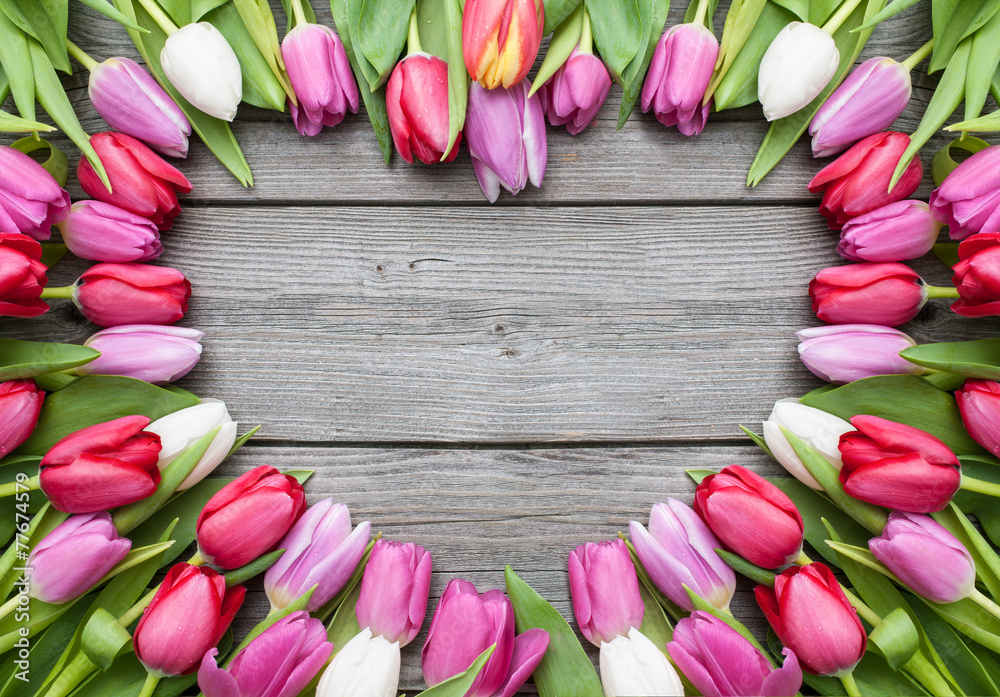 tulips arranged on old wooden background - obrazy, fototapety, plakaty 