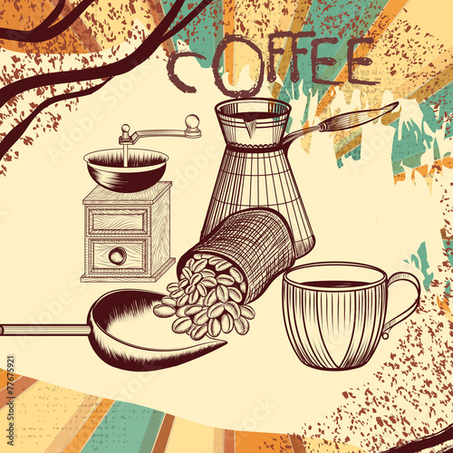 Coffee retro poster with hand drawn coffee mill, mug and coffee