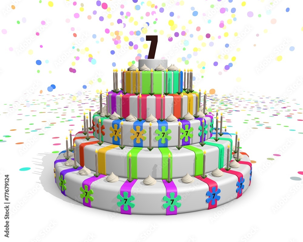 Obraz premium Colorful rainbow cake with on top a chocolate number 7