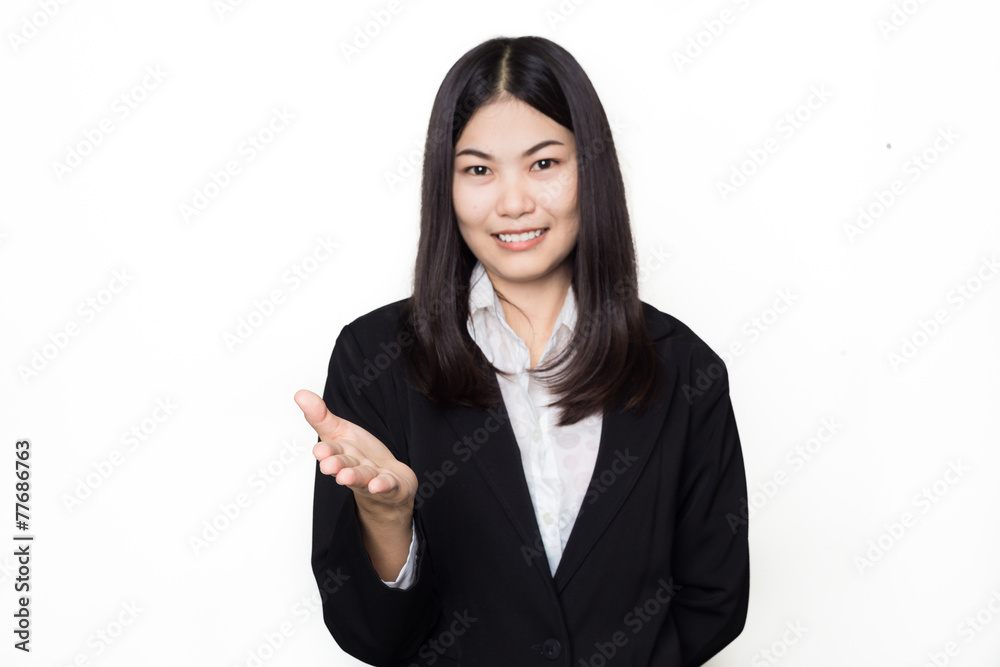 Business asian woman with open hand for hold something Business asian woman with open hand for hold something