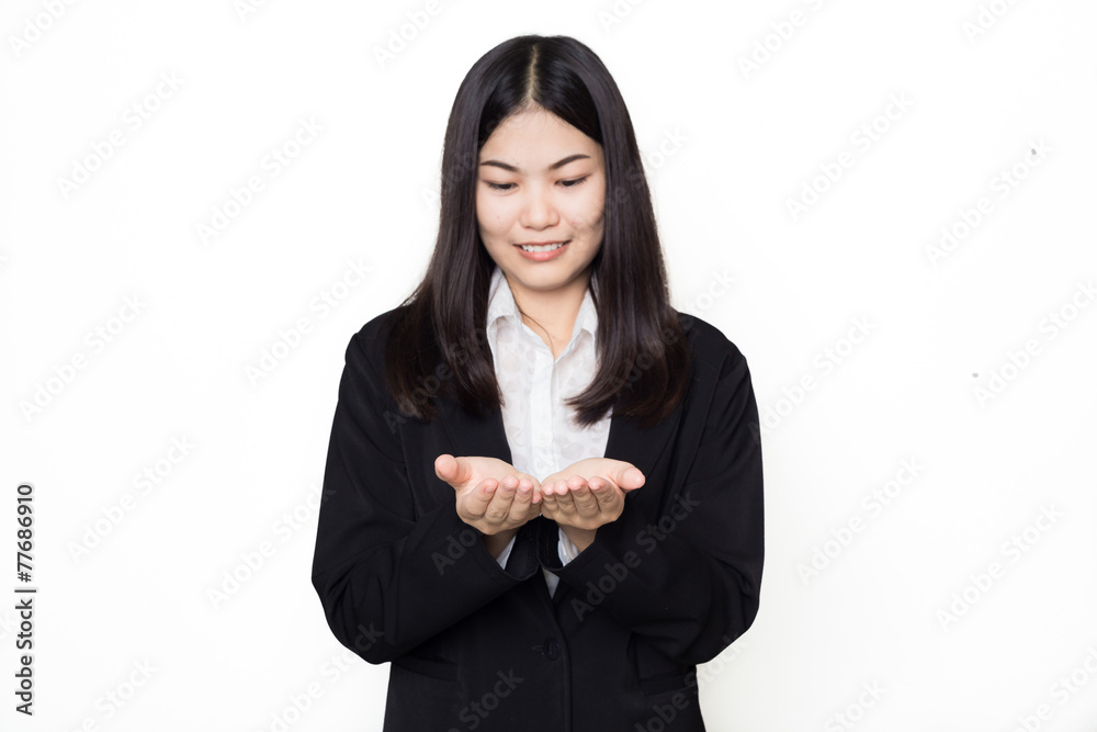 Woman open hand for present and holding. female model with long Woman open hand for present and holding. female model with long