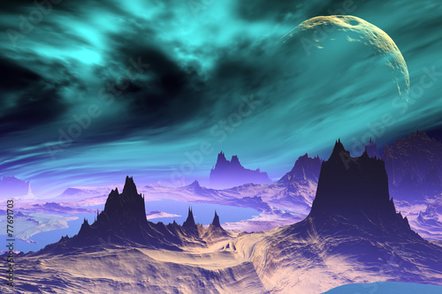 3D rendered fantasy alien planet. Rocks and lake