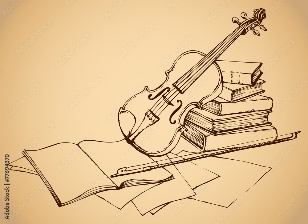 Fototapeta premium Vector sketch. Violin on old books