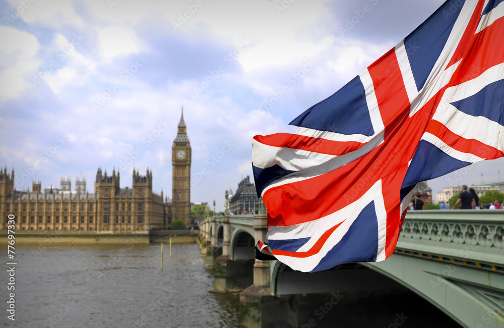 Big Ben in London and English flag - obrazy, fototapety, plakaty 