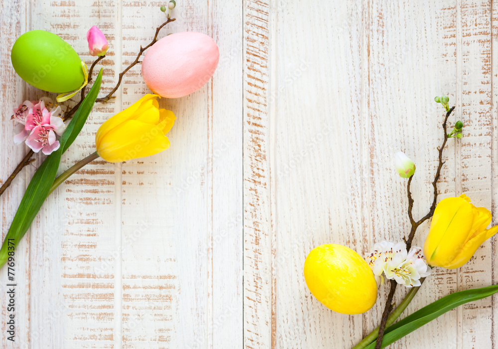 easter eggs and  spring flowers - obrazy, fototapety, plakaty 