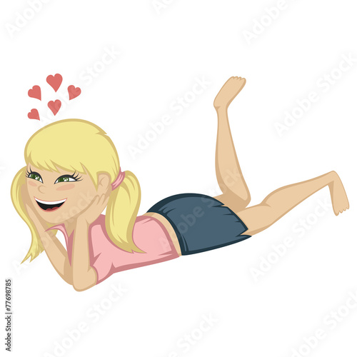 A cute blonde girl is daydreaming on the floor (fallen in love).