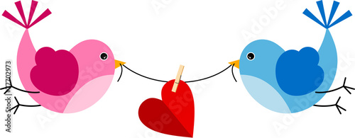 Two cute birds holding a piece of string with heart