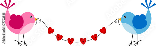 Couple birds holding a piece of string with hearts