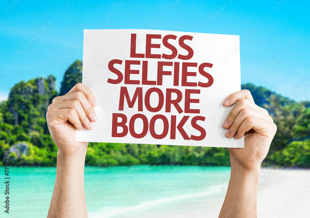 Less Selfie More Books card with beach background Less Selfie More Books card with beach background