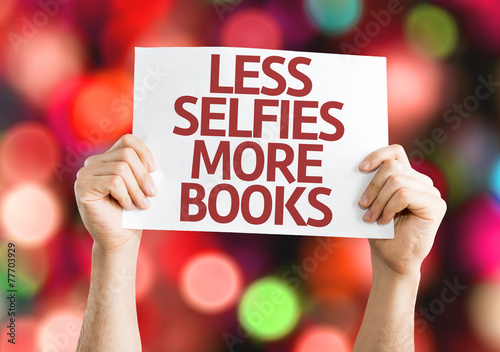 Less Selfie More Books card with colorful background