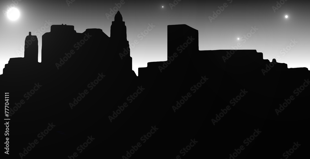 Lower Manhattan silhouette on the night starry sky and  Moon bac