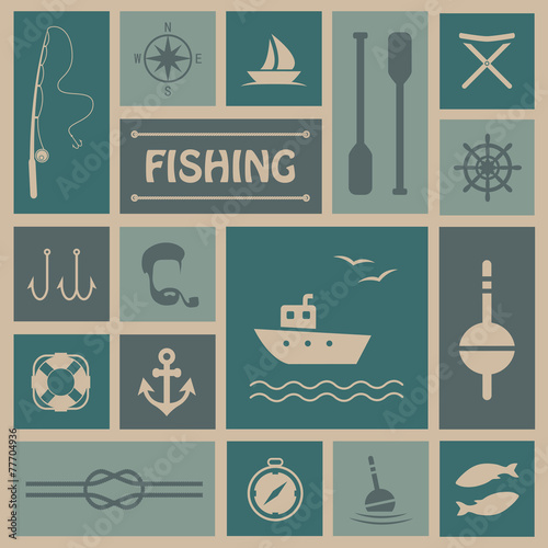 vector fishing background, fish, boat set icons,