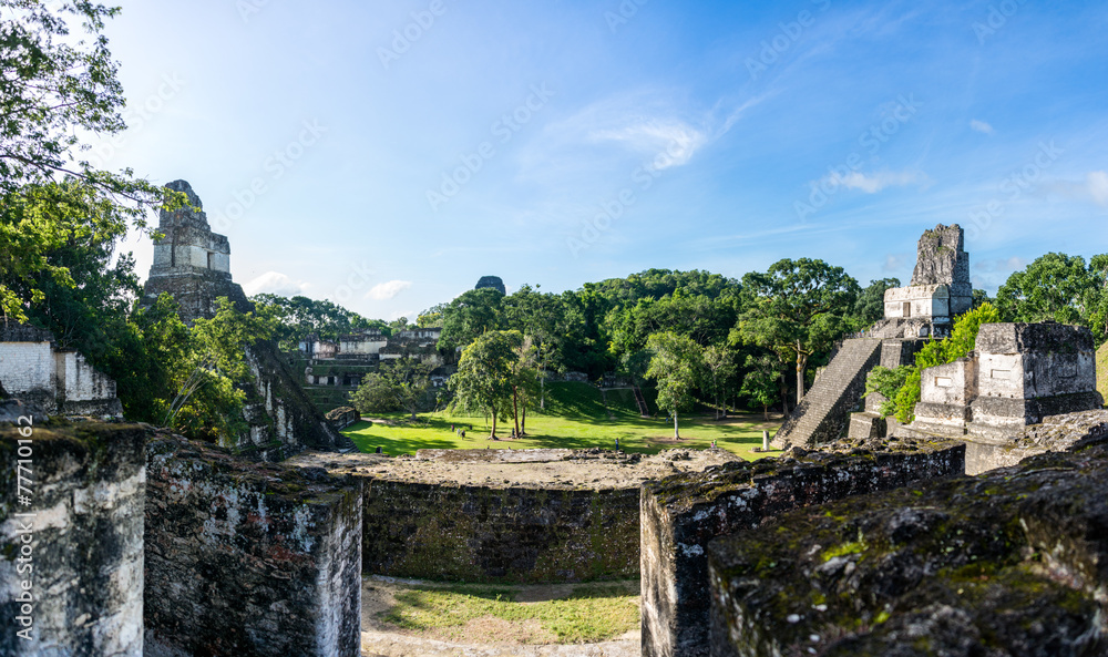 Panorama of Mayan ruins at Tikal, National Park. Guatemala.