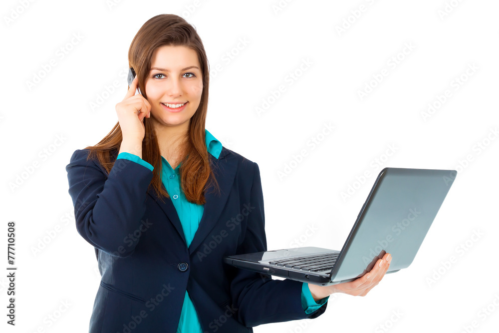 Portrait of a young happy business woman with a laptop and mobil Portrait of a young happy business woman with a laptop and mobil