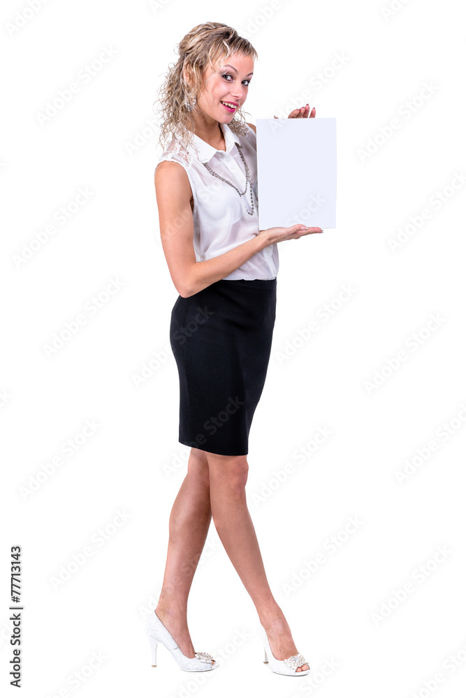 business woman hold empty blank board, full length portrait business woman hold empty blank board, full length portrait