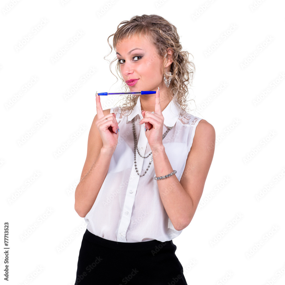 young student girl with pen, isolated on white young student girl with pen, isolated on white