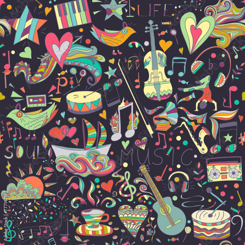 Seamless pattern. Hand drawn colorful musical background