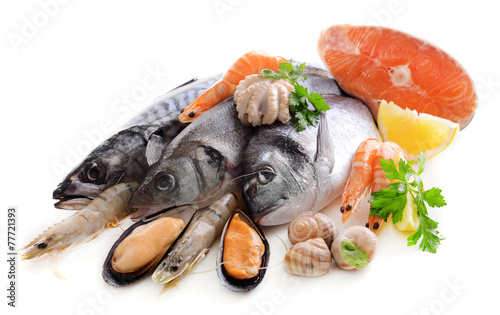 Fresh fish and other seafood isolated on white