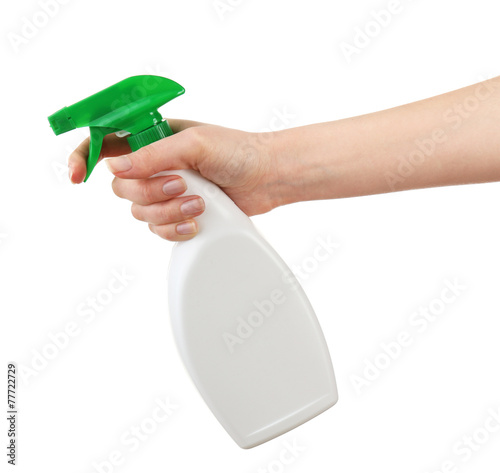 Female hand with sprayer isolated on white photo