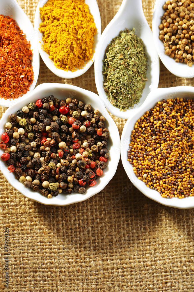 Different kinds of spices in ceramics spoons, close-up, Different kinds of spices in ceramics spoons, close-up,