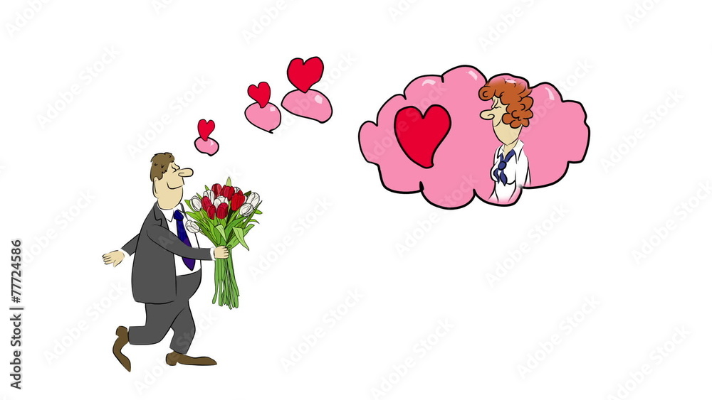 Cartoon businessman brings a bouquet of tulips.
