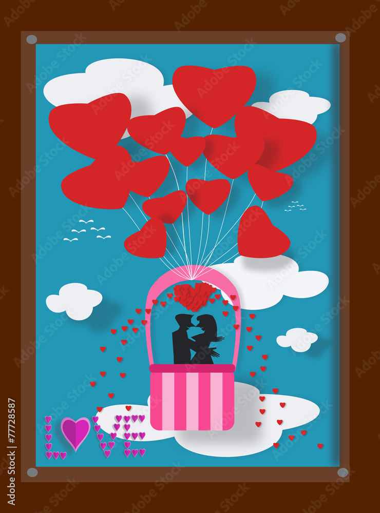 Couple love on balloon in picture frame, Illustration