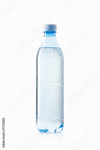 Water. Small plastic water bottle on white background