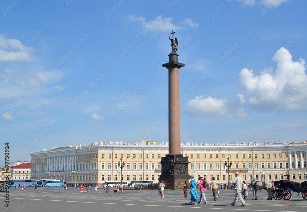 Palace Square, Alexander Column in a bright sunny day. St. Peter