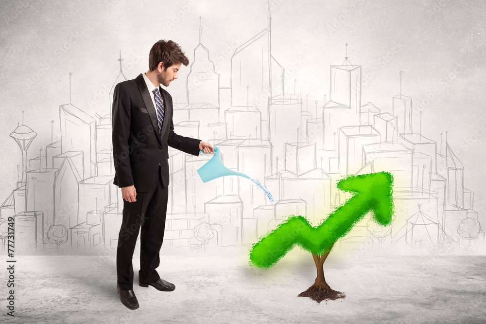 Business man watering green plant arrow Business man watering green plant arrow