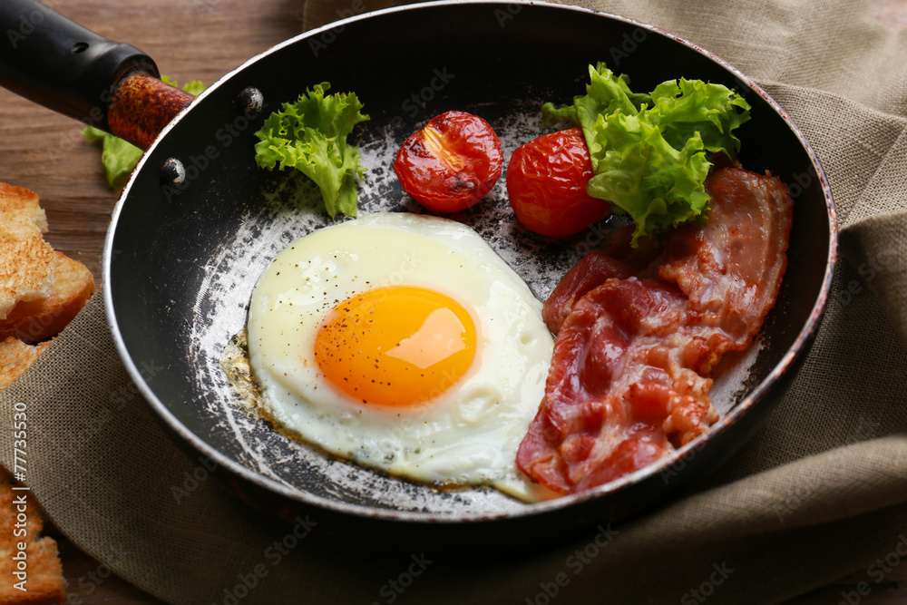Bacon and eggs on rustic wooden planks background Bacon and eggs on rustic wooden planks background