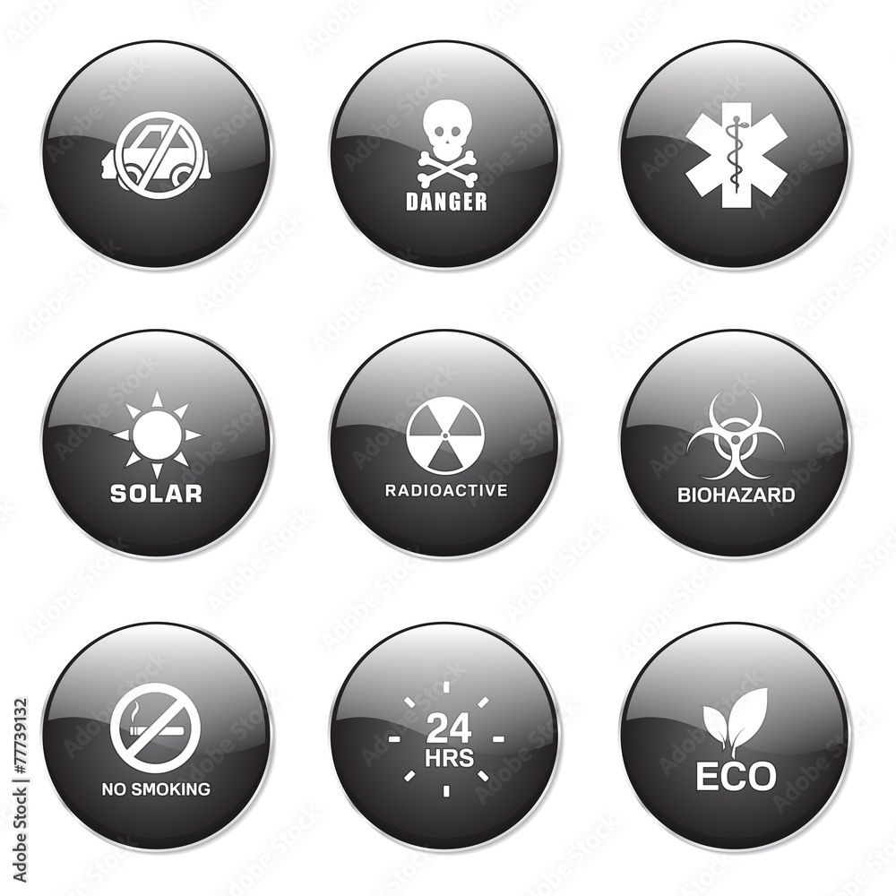 Warning Sign Black Vector Button Icon Design Set Warning Sign Black Vector Button Icon Design Set