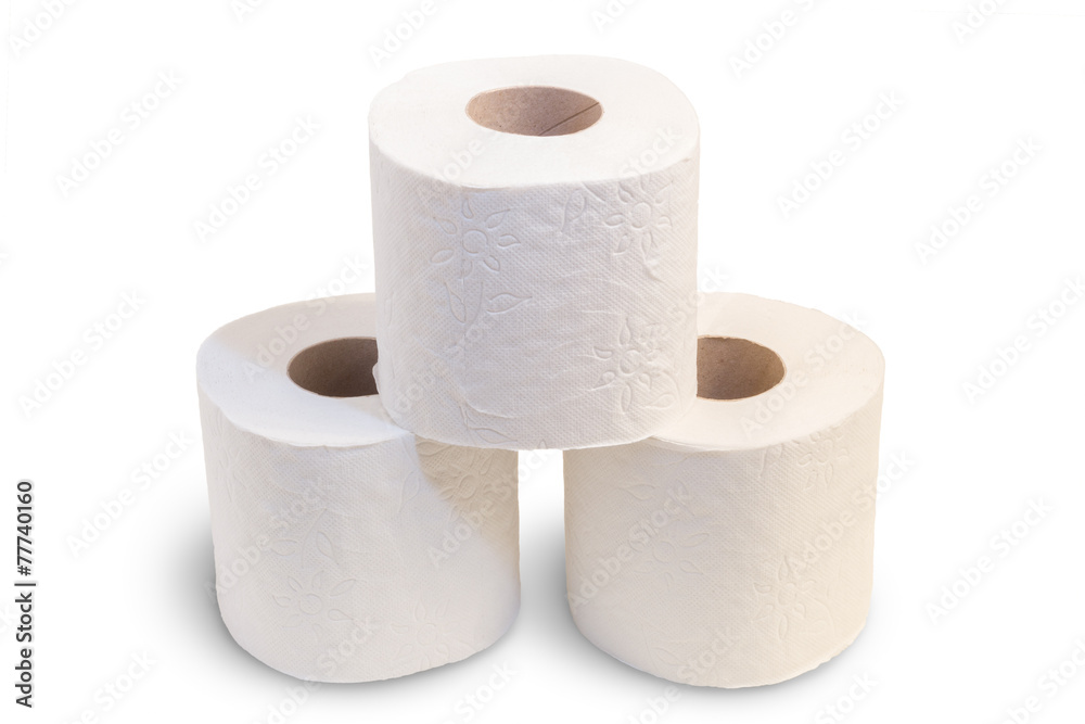 Closeup of three toilet rolls stacked, isolated on white Closeup of three toilet rolls stacked, isolated on white