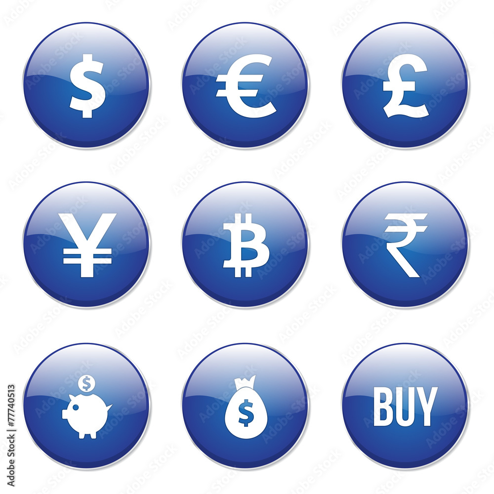 Currency Sign Blue Vector Button Icon Design Set Currency Sign Blue Vector Button Icon Design Set