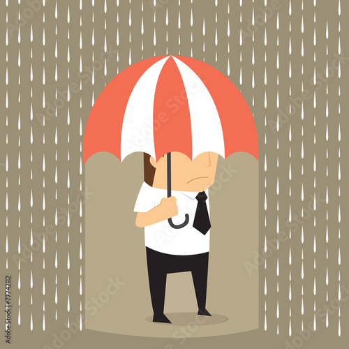 Unlucky businessman being wet from raining instead he holding um
