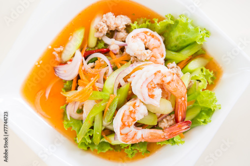 Spicy salad , shrimp and mix vegetable , asian food