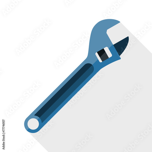 Adjustable wrench icon with long shadow on white background