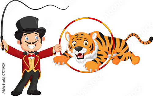 Fototapeta Naklejka Na Ścianę i Meble -  Cartoon tiger jumping through ring