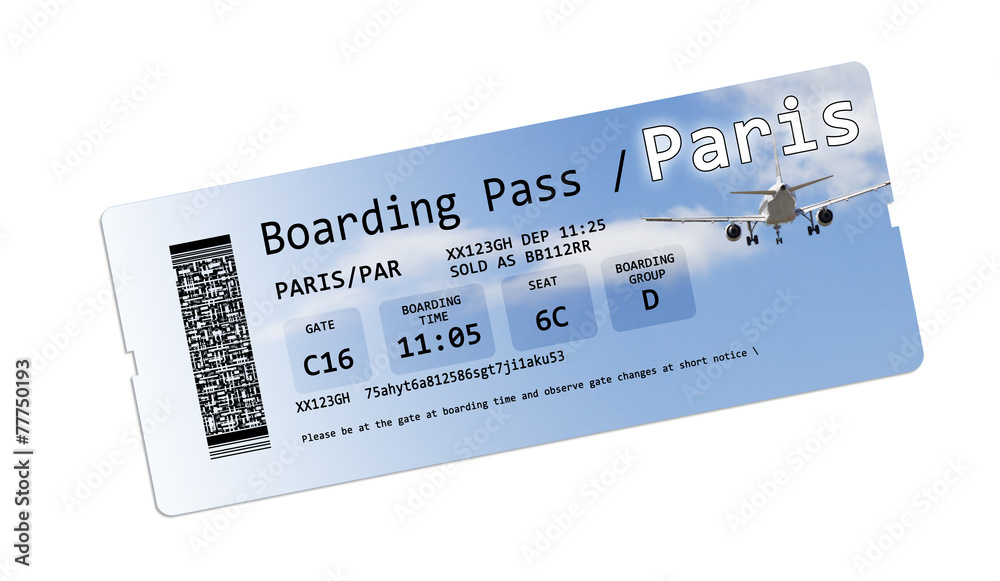 Fototapeta premium Airline boarding pass tickets to Paris isolated on white