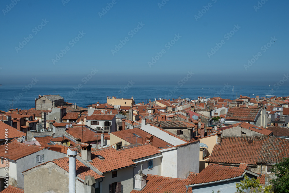 View to red roofs and Piran Gulf in Adriatin Sea