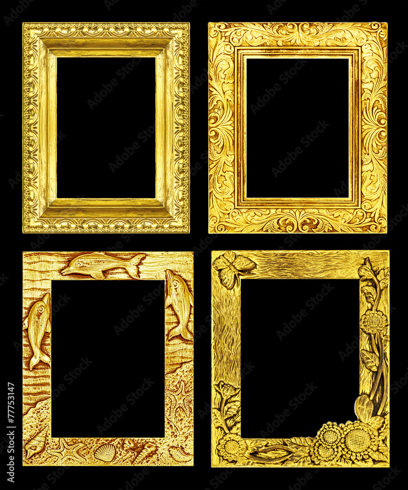 Set 4 antique golden frame isolated on black background, clippin - obrazy, fototapety, plakaty 