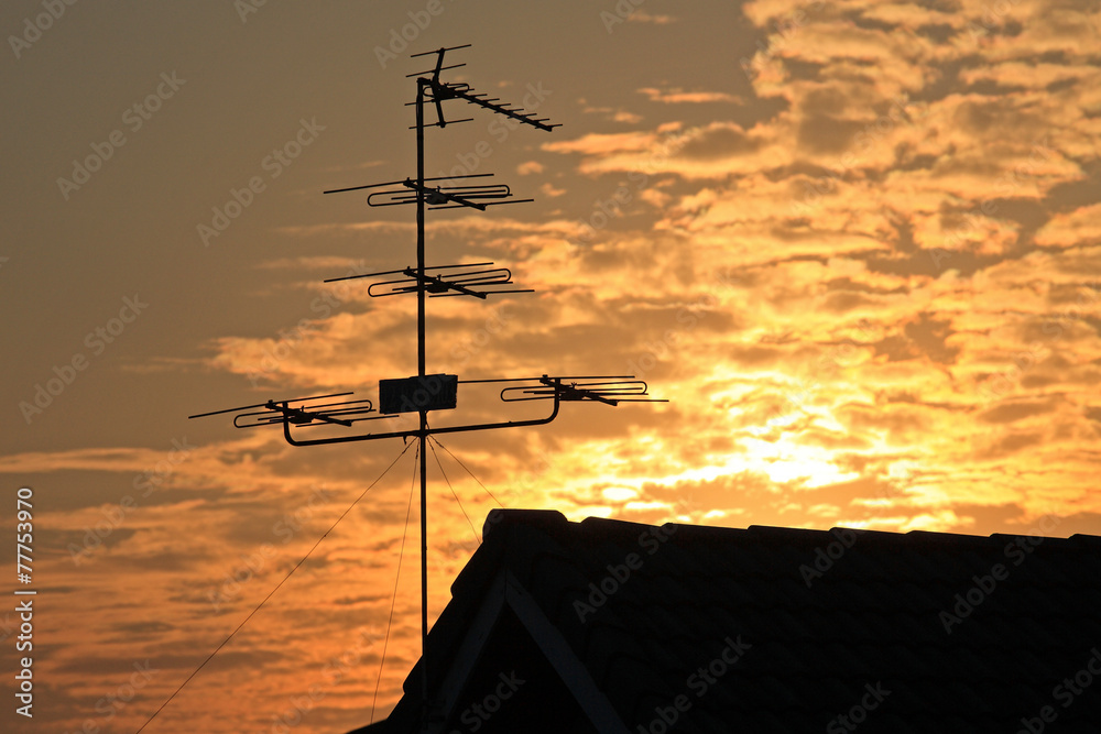 Old television antenna (Fishbone) against sunrise Old television antenna (Fishbone) against sunrise