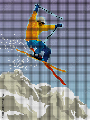 Sciatore in salto con montagna composto da pixel