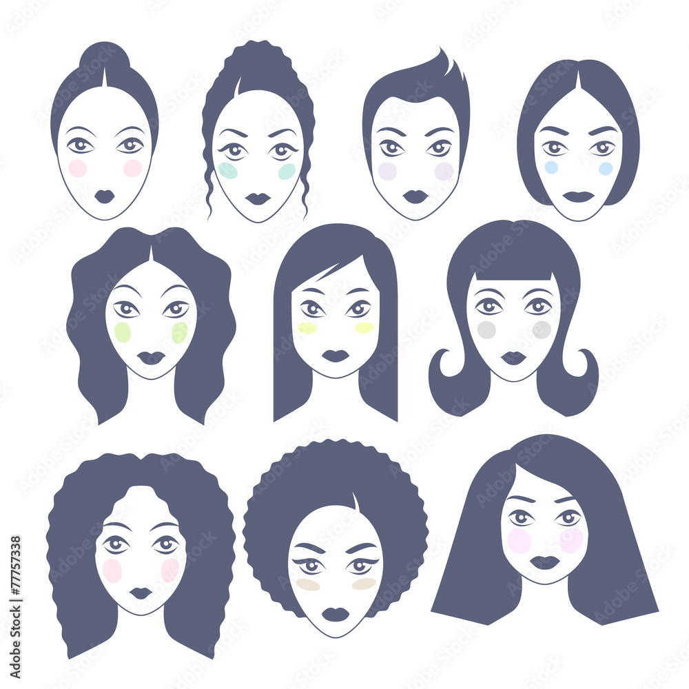 Set of women's faces - simple flat style. Set of women's faces - simple flat style.