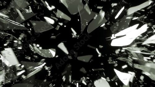 Glass shattered in pieces with motion blur, slow motion. Alph
