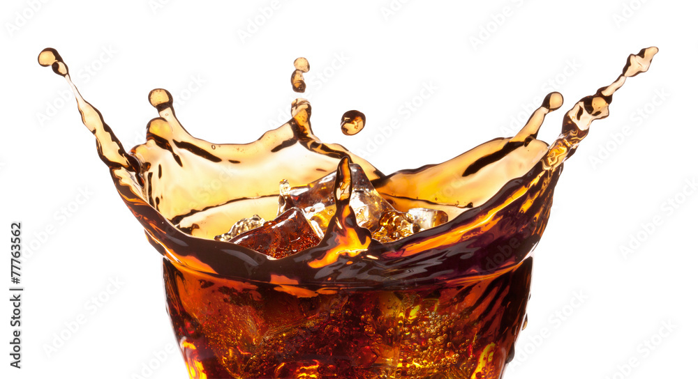 Splash from ice cubes in a glass of cola. - obrazy, fototapety, plakaty 