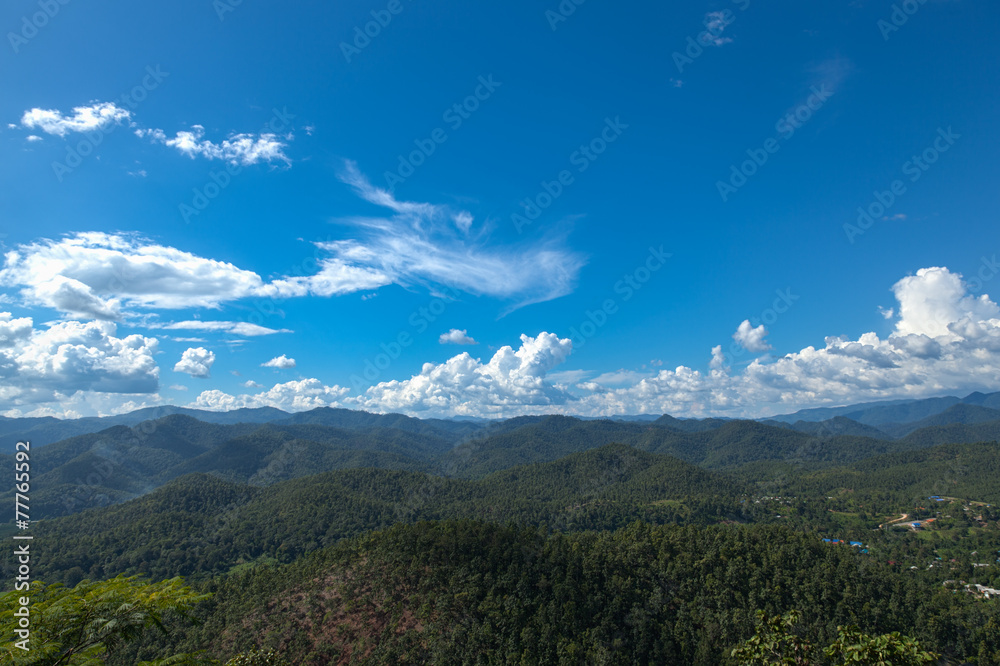 Forested mountains and sky.