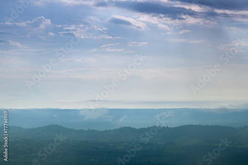 Forested mountains and sky