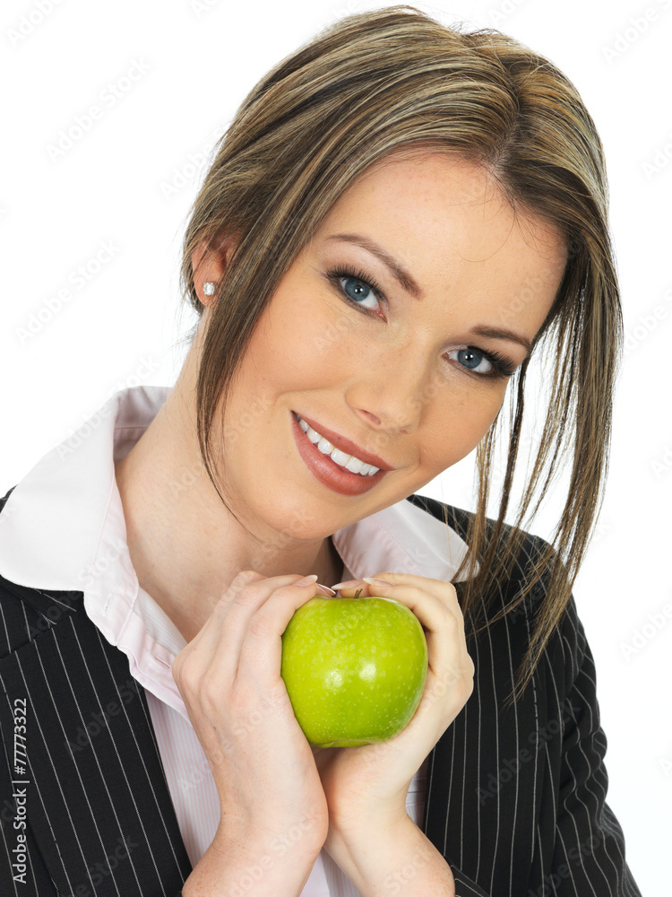 Young Business Woman Eating a Fresh Ripe Juicy Green Apple Young Business Woman Eating a Fresh Ripe Juicy Green Apple