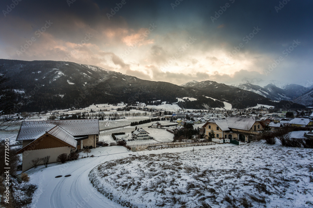 Beautiful view of sunset over the village in Austrian Alps