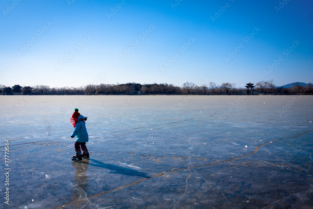 Frozen lake with dry leaf in winter season, Summer Palace, Beiji